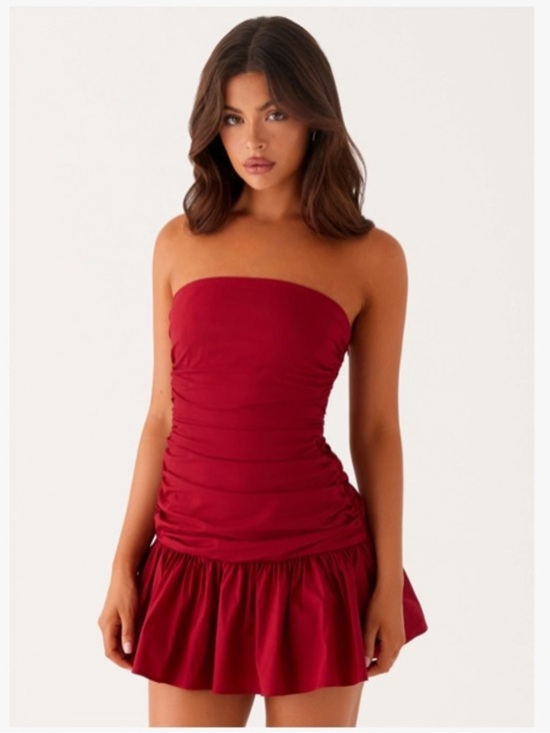 Peppermayo Dresses & Skirts - Peppermayo Carmel Mini Dress Merlot Red Strapless Ruched Drop Waist NWT US 12